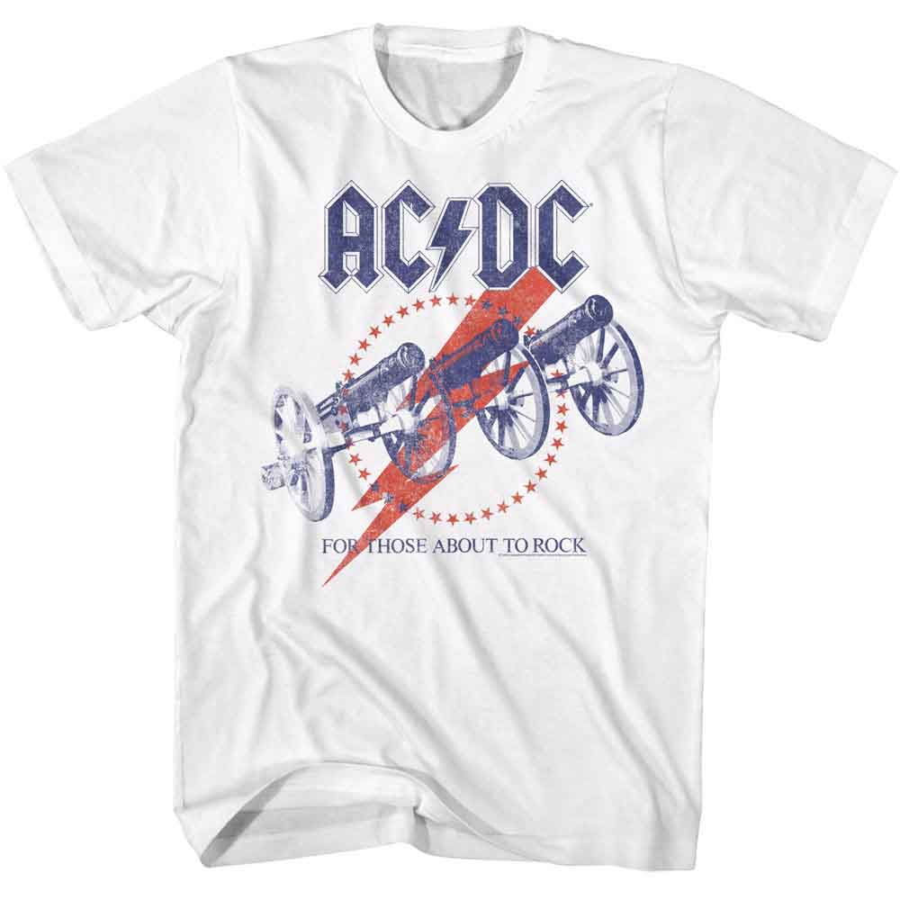White AC/DC t-shirt featuring AC/DC cannon recolor For Those About to Rock