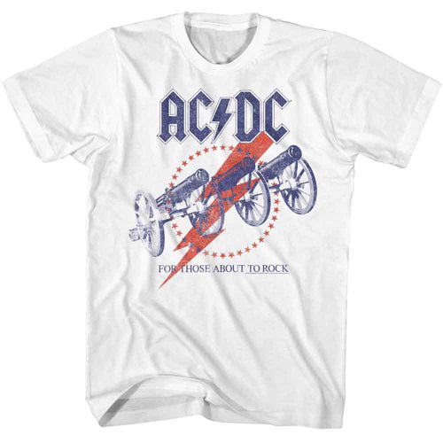White AC/DC t-shirt featuring AC/DC cannon recolor For Those About to Rock