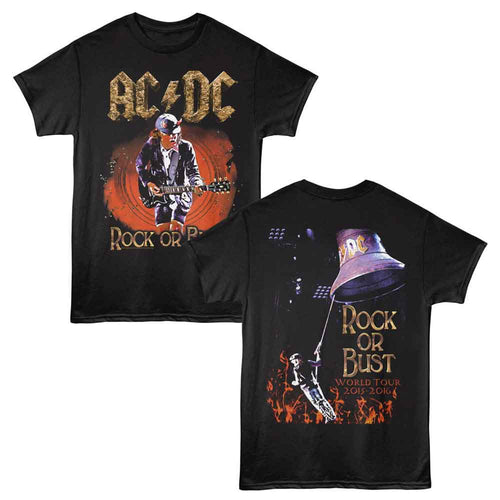 Black AC/DC t-shirt featuring Rock or Bust 2014 album front and back design