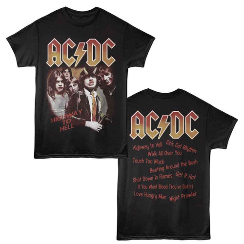 Black AC/DC t-shirt featuring Highway to Hell related song titles design