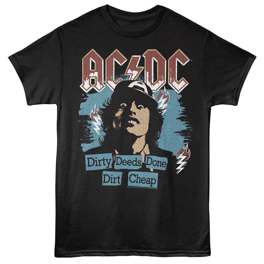 Black AC/DC t-shirt featuring AC/DC Dirty Deeds graphic album design