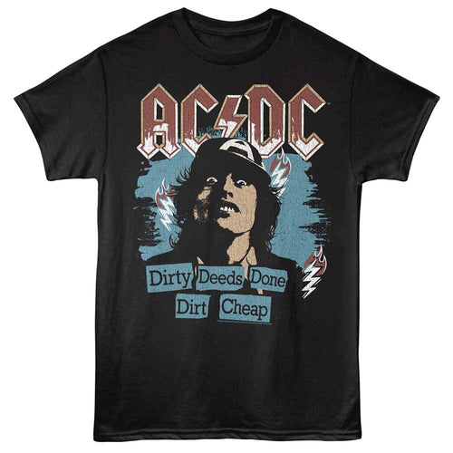 Black AC/DC t-shirt featuring AC/DC Dirty Deeds graphic album design