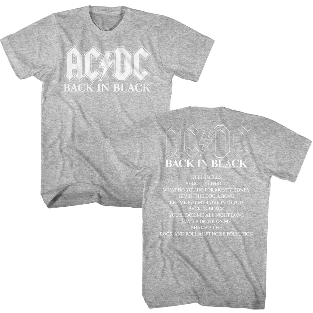 Gray heather AC/DC t-shirt featuring AC/DC Back in Black album graphic