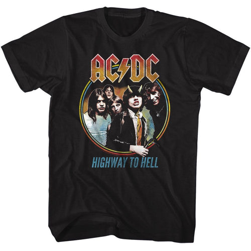 Black AC/DC t-shirt featuring Highway to Hell tricolor three-color design