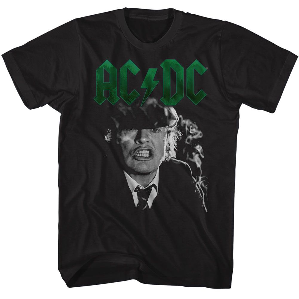 Black AC/DC t-shirt featuring Angus Young guitar growl design