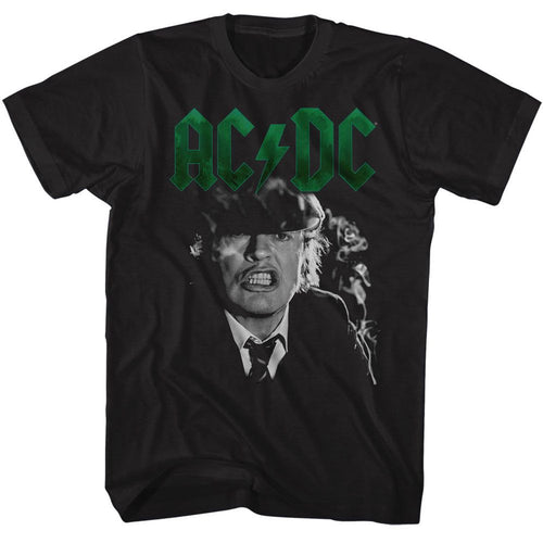 Black AC/DC t-shirt featuring Angus Young guitar growl design