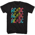 Black AC/DC t-shirt featuring AC/DC rainbow repeat pattern logo design