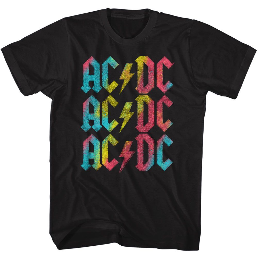 Black AC/DC t-shirt featuring AC/DC rainbow repeat pattern logo design