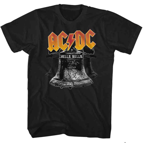 Black AC/DC t-shirt featuring Hells Bells cast iron bell Back in Black design