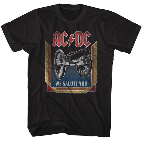 Black AC/DC t-shirt featuring AC/DC We Salute You cannons typography