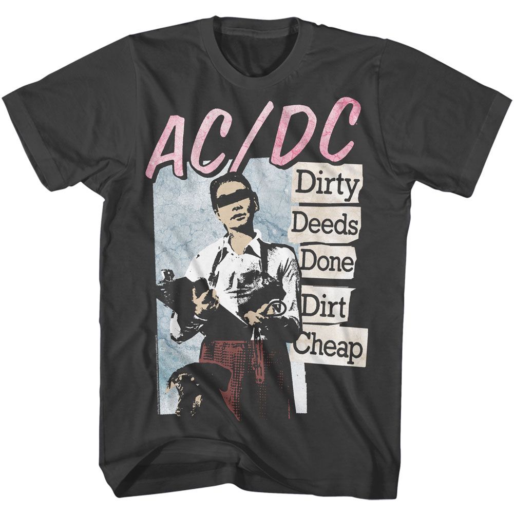 Smoke gray AC/DC t-shirt featuring Dirty Deeds Done Dirt Cheap album design