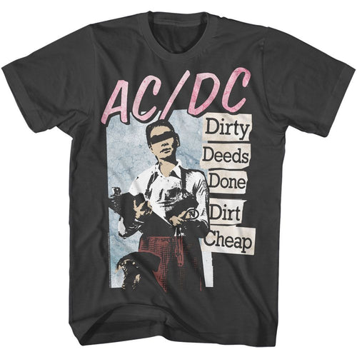 Smoke gray AC/DC t-shirt featuring Dirty Deeds Done Dirt Cheap album design