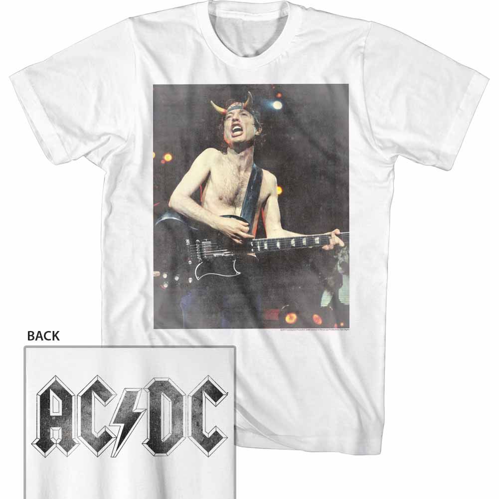 White AC/DC t-shirt featuring Angus Young schoolboy uniform AC/DC design