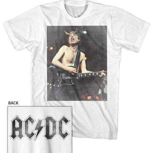 White AC/DC t-shirt featuring Angus Young schoolboy uniform AC/DC design