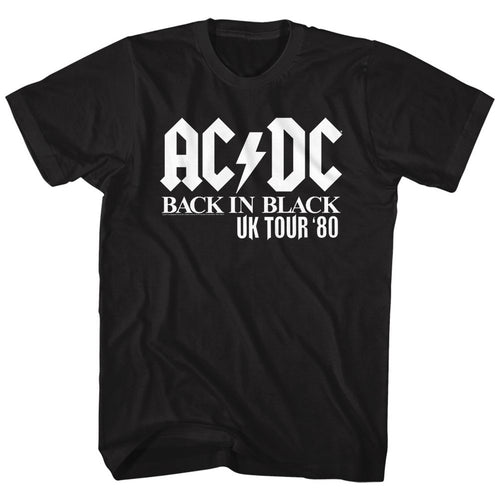 Black AC/DC t-shirt featuring AC/DC UK tour solid white design