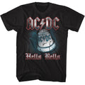 Black AC/DC t-shirt featuring Hells Bells cast iron bell Back in Black design