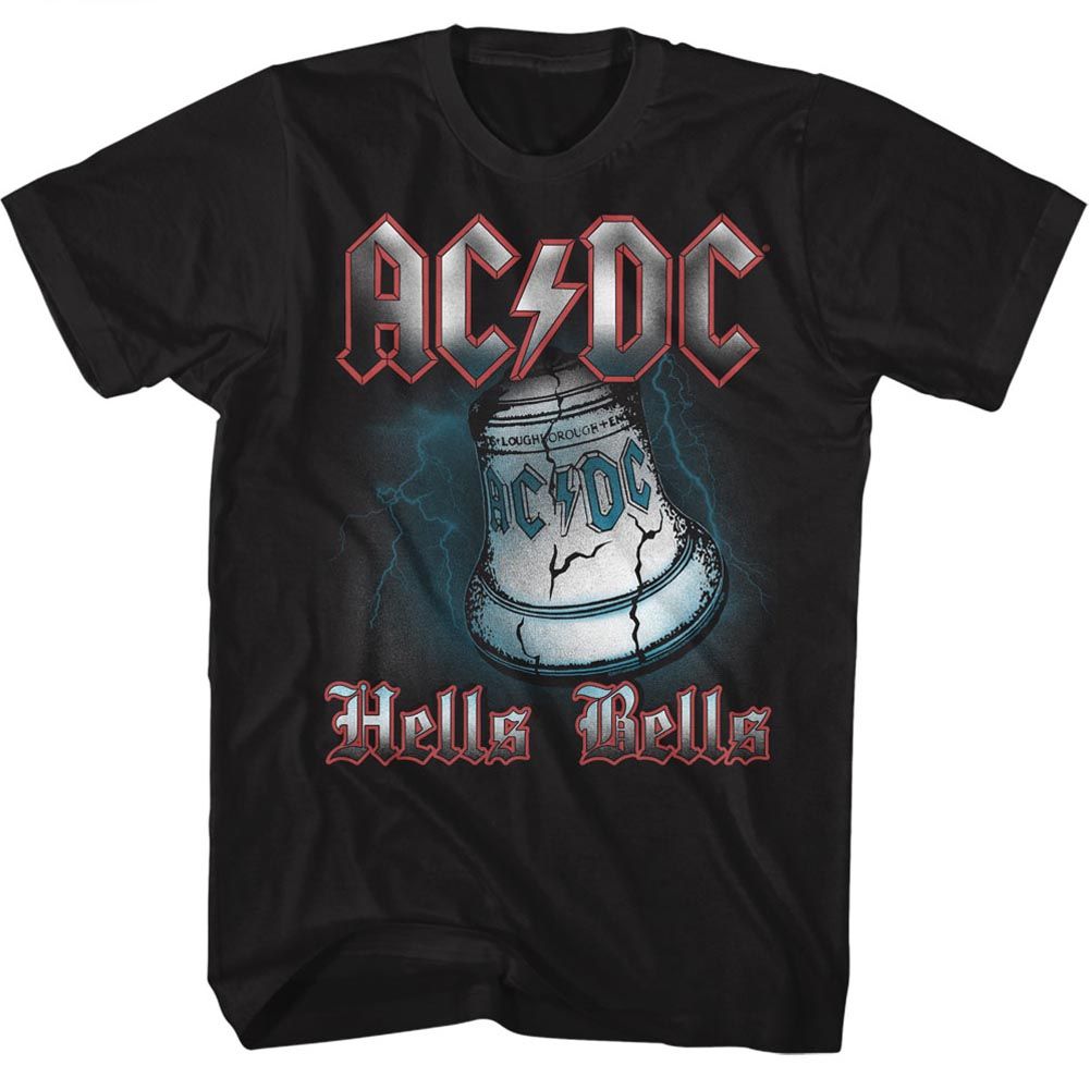 Black AC/DC t-shirt featuring Hells Bells cast iron bell Back in Black design