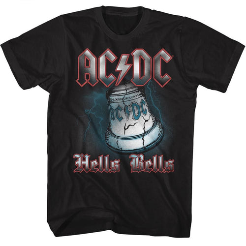 Black AC/DC t-shirt featuring Hells Bells cast iron bell Back in Black design