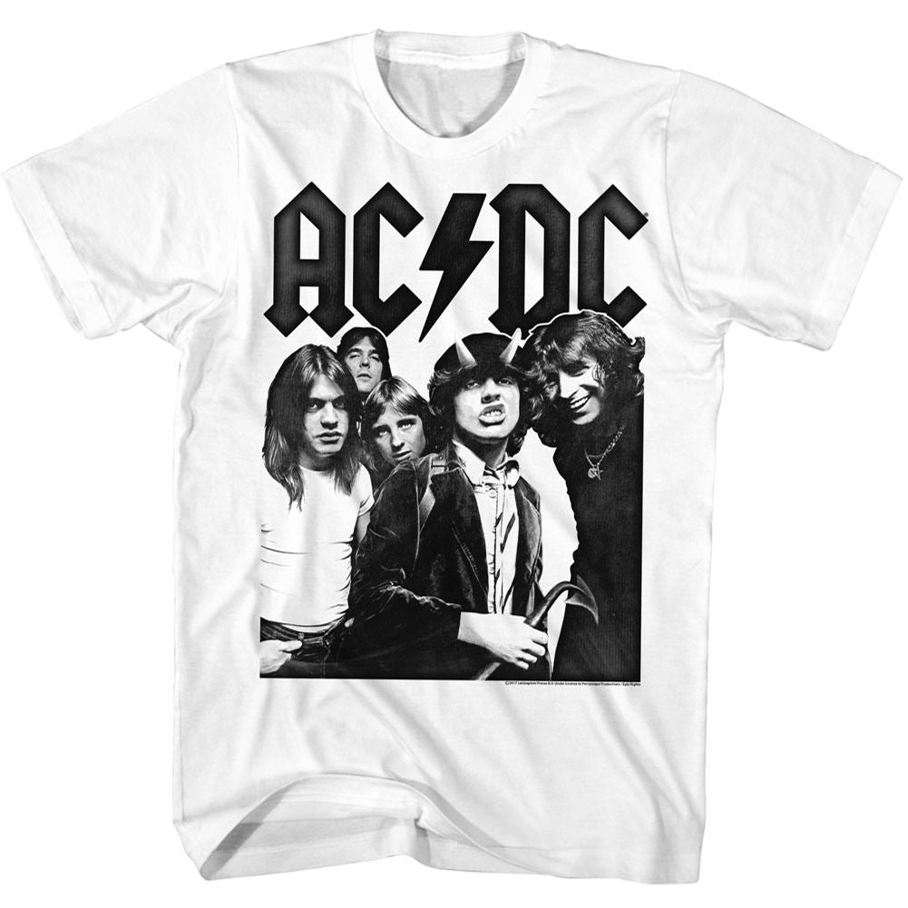 White AC/DC t-shirt featuring AC/DC classic band name typography logo