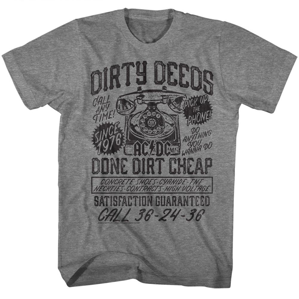 Graphite heather AC/DC t-shirt featuring Dirty Deeds Done Dirt Cheap D4C acronym design