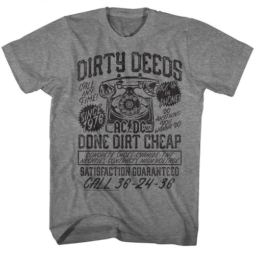 Graphite heather AC/DC t-shirt featuring Dirty Deeds Done Dirt Cheap D4C acronym design