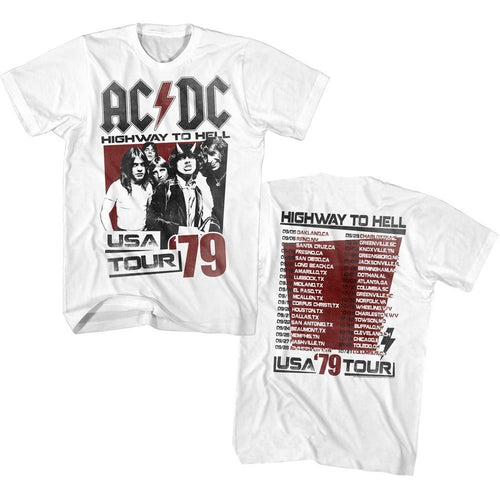 White AC/DC t-shirt featuring Highway to Hell 1979 tour shirt vintage design