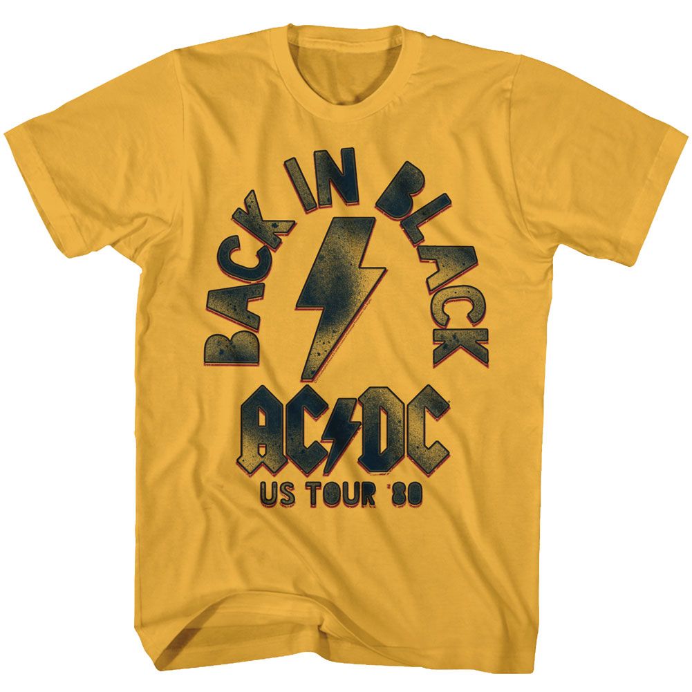 Ginger orange AC/DC t-shirt featuring Back in Black album lightning bolt logo design