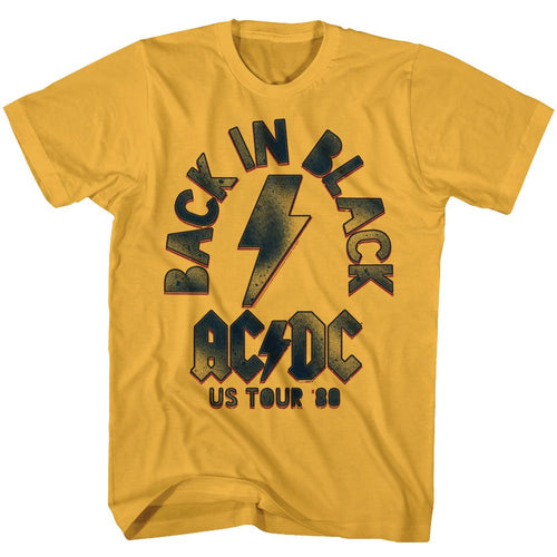 Ginger orange AC/DC t-shirt featuring Back in Black album lightning bolt logo design