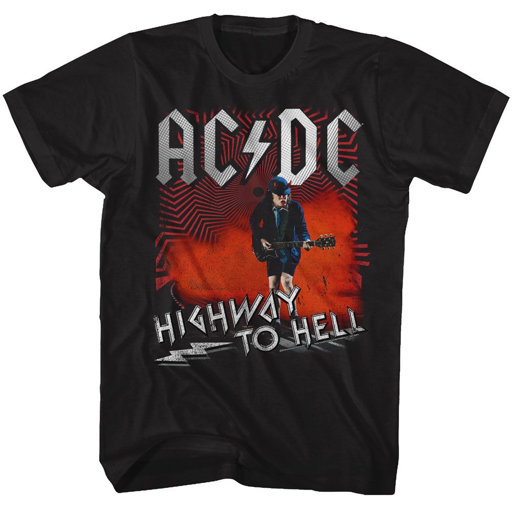 Black AC/DC t-shirt featuring Highway to Hell minimalist HTH design