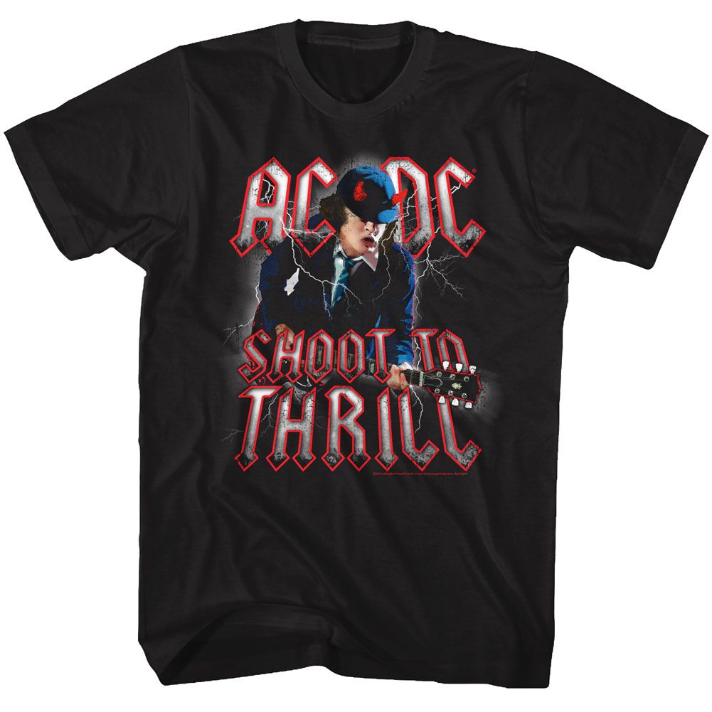 Black AC/DC t-shirt featuring Shoot to Thrill Back in Black song design