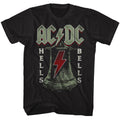 Black AC/DC t-shirt featuring Hells Bells cast iron bell Back in Black design