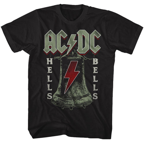 Black AC/DC t-shirt featuring Hells Bells cast iron bell Back in Black design