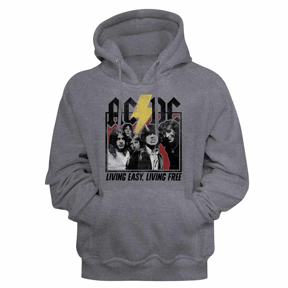 Gunmetal Heather AC/DC pullover hoodie featuring a Living Easy Living Free design