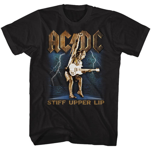 Black AC/DC t-shirt featuring Stiff Upper Lip 2000 album design
