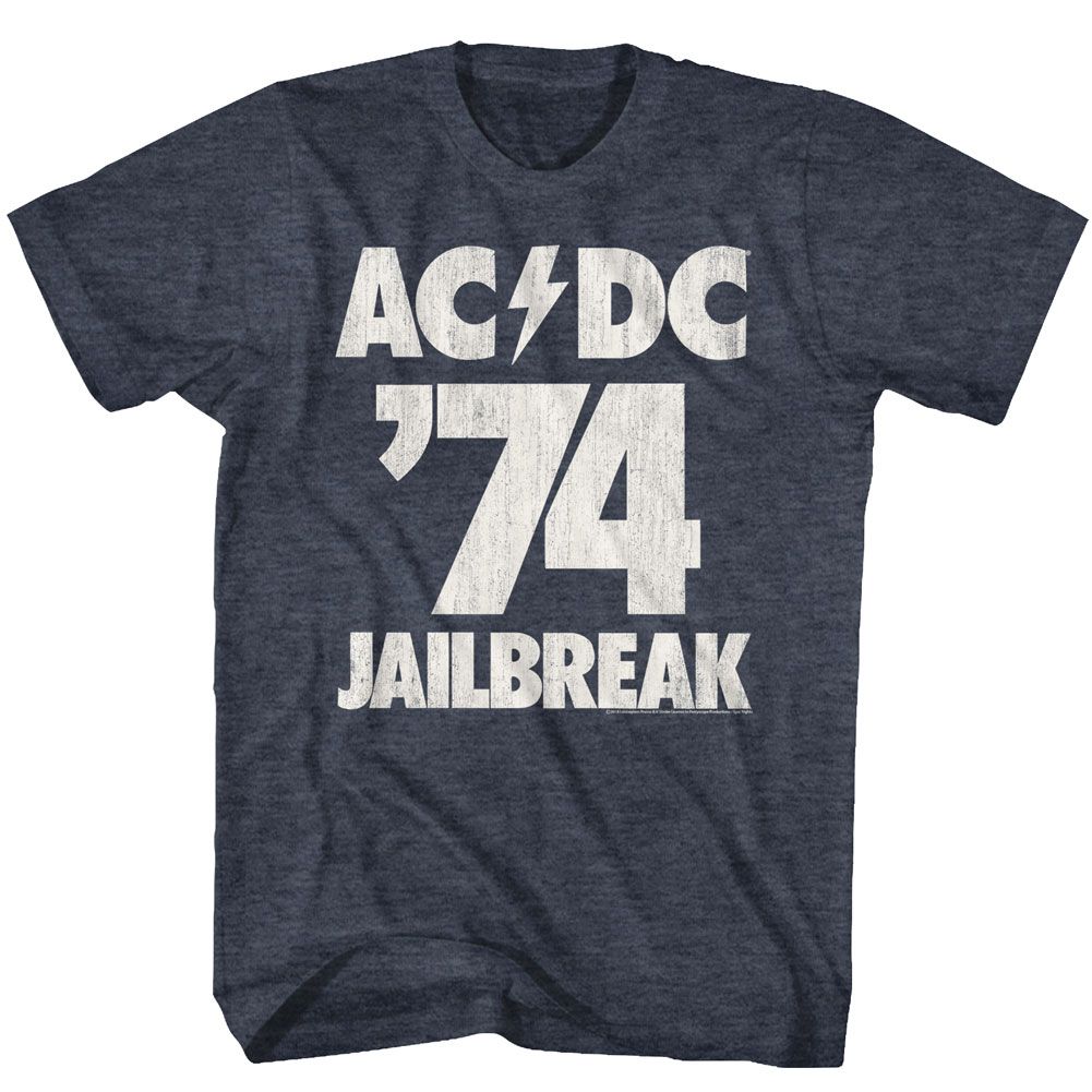 Navy heather AC/DC t-shirt featuring Jailbreak song AC/DC vintage design