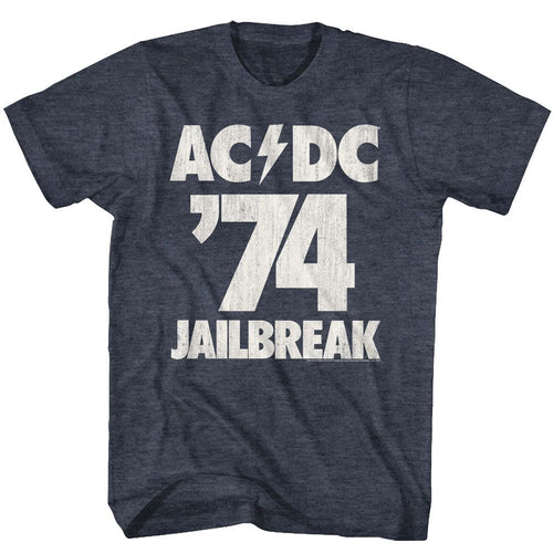 Navy heather AC/DC t-shirt featuring Jailbreak song AC/DC vintage design