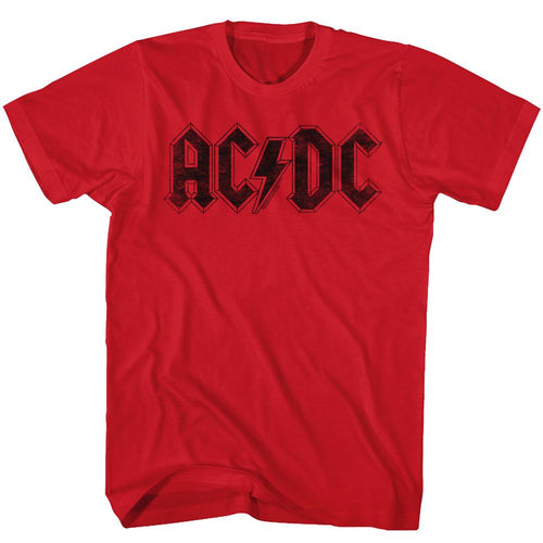 Red AC/DC t-shirt featuring AC/DC classic lightning bolt logo design