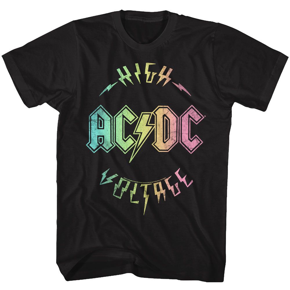 Black AC/DC t-shirt featuring High Voltage multi-color design AC/DC