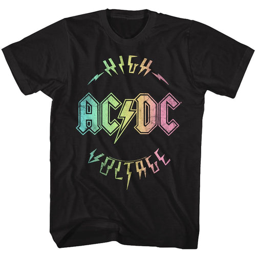 Black AC/DC t-shirt featuring High Voltage multi-color design AC/DC