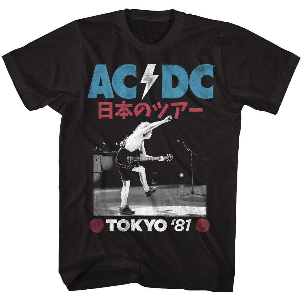 Black AC/DC t-shirt featuring AC/DC Tokyo 1981 tour design