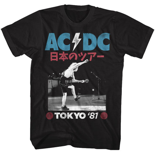 Black AC/DC t-shirt featuring AC/DC Tokyo 1981 tour design