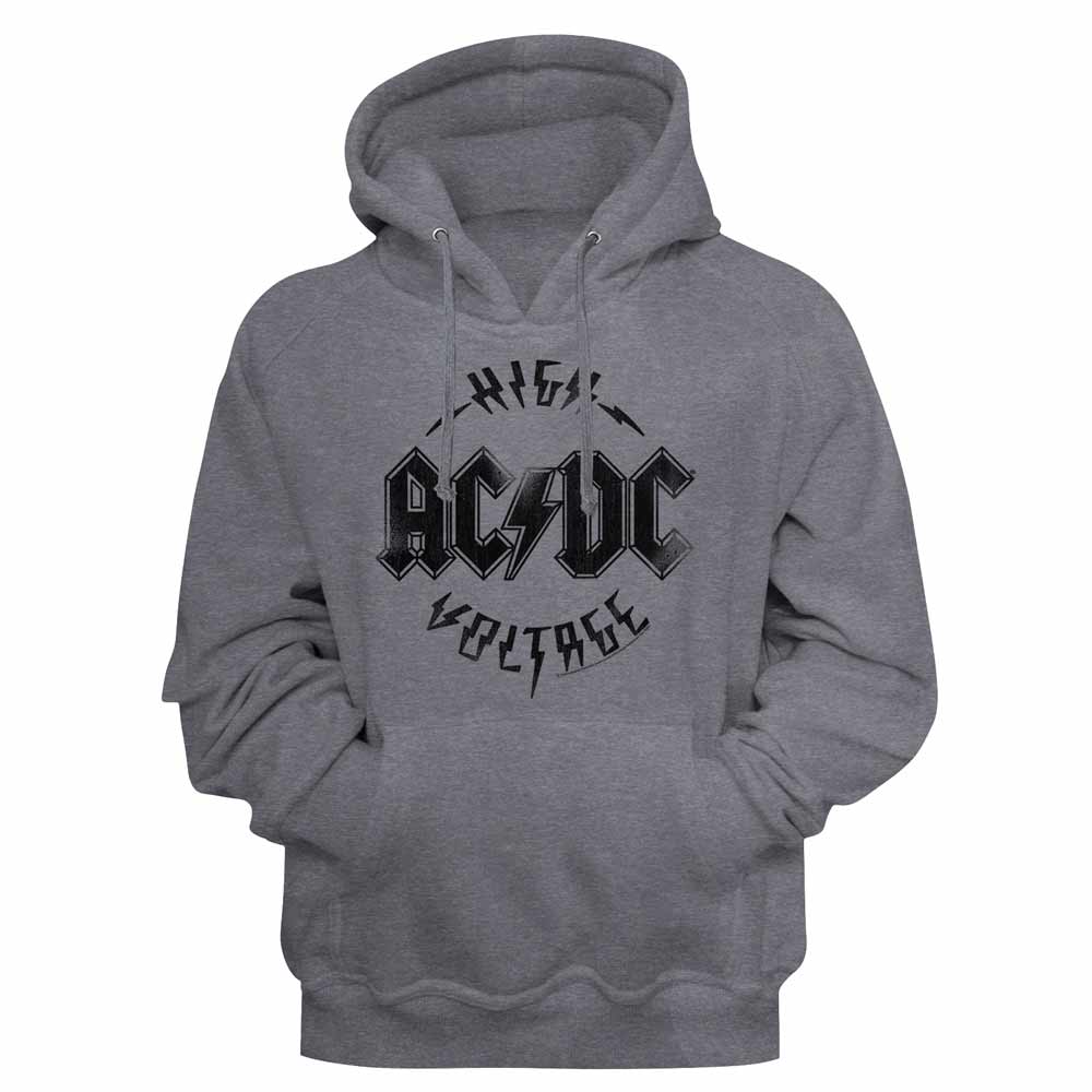 Gunmetal Heather AC/DC pullover hoodie featuring a High Voltage design