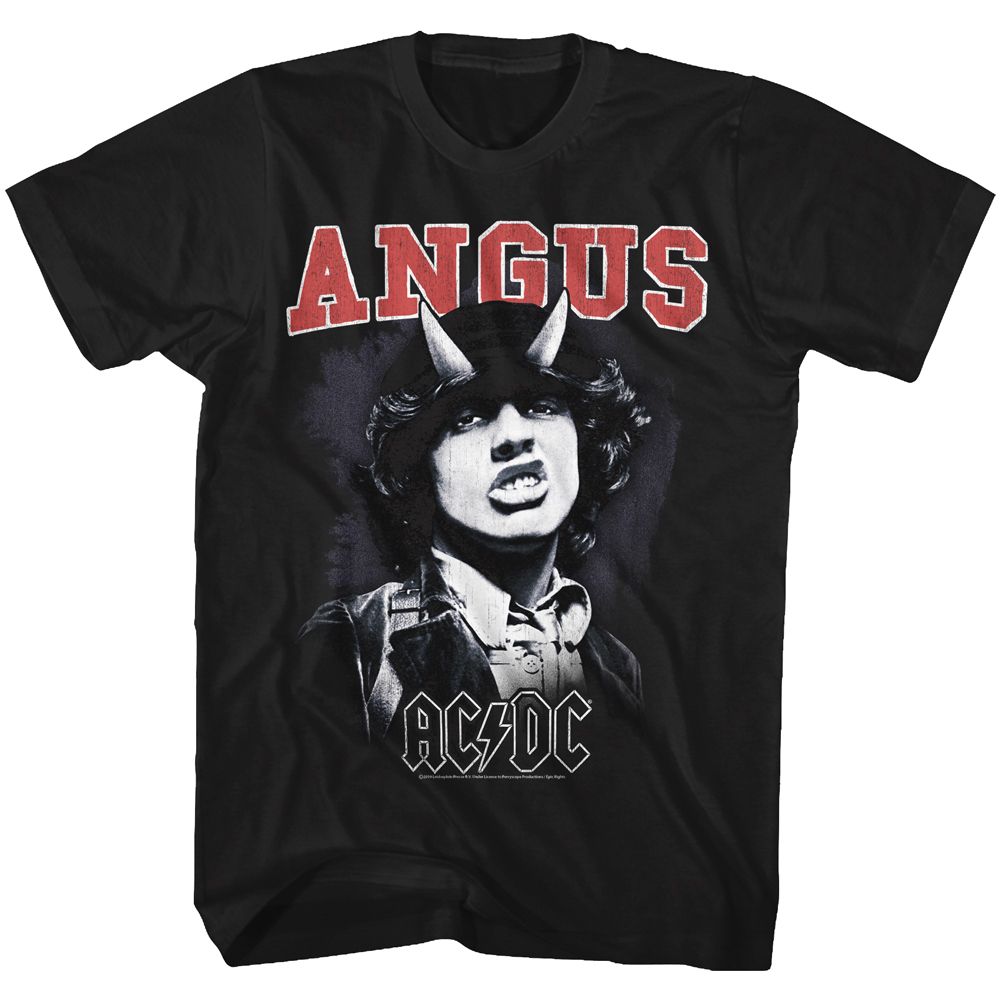 Black AC/DC t-shirt featuring Angus Young schoolboy uniform AC/DC design