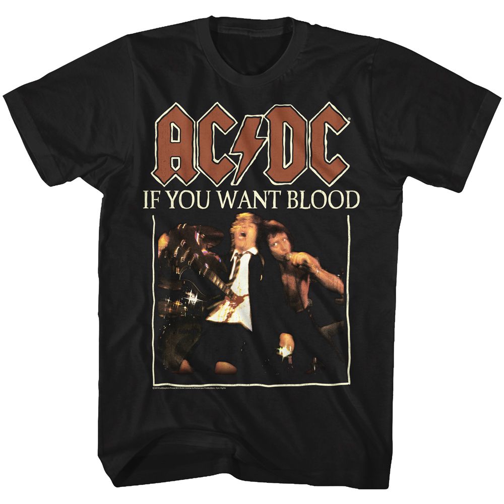 Black AC/DC t-shirt featuring If You Want Blood Youve Got It live album design