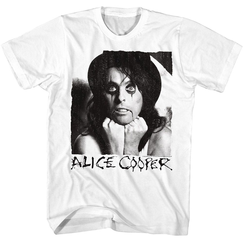 White Alice Cooper t-shirt featuring Alice Cooper vintage portrait photograph design
