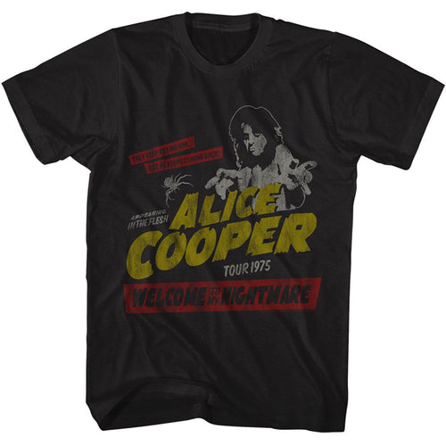 Black Alice Cooper t-shirt featuring Alice Cooper Welcome to My Nightmare 1975 tour design