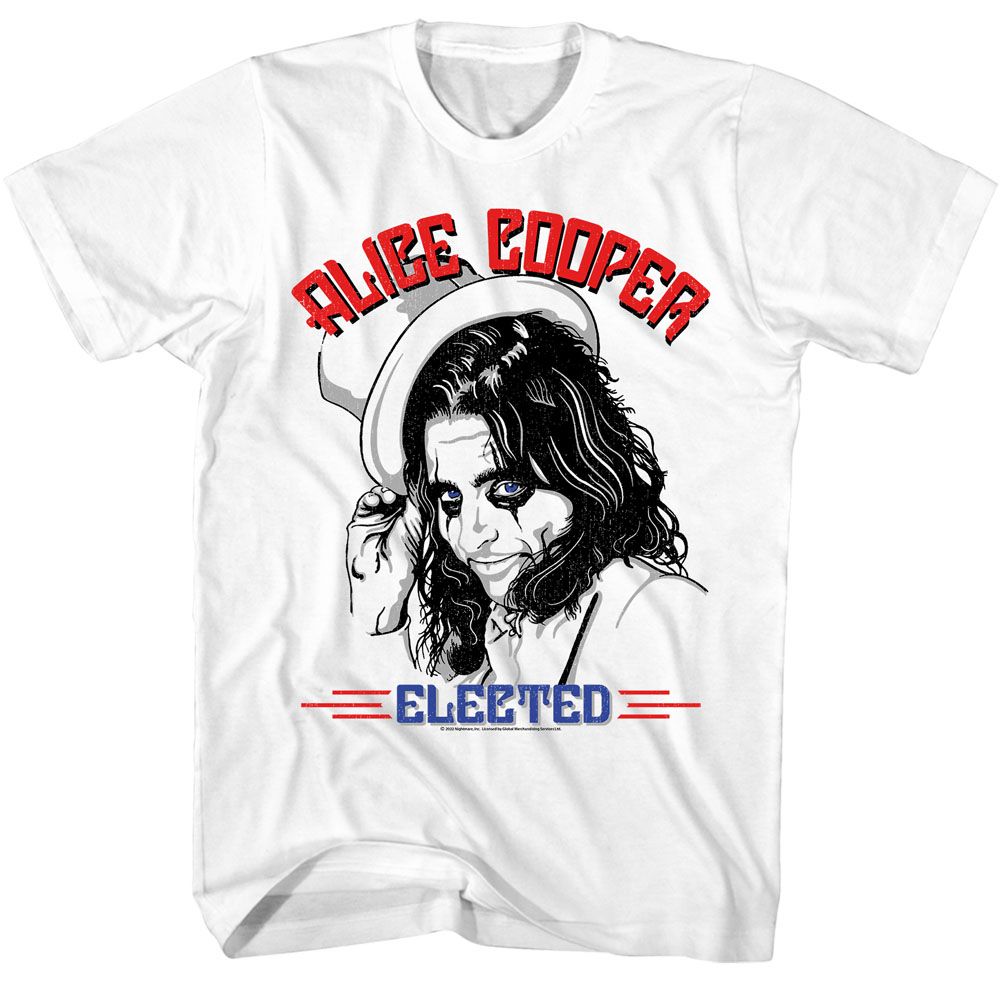 White Alice Cooper t-shirt featuring Alice Cooper Elected 1972 political satire design