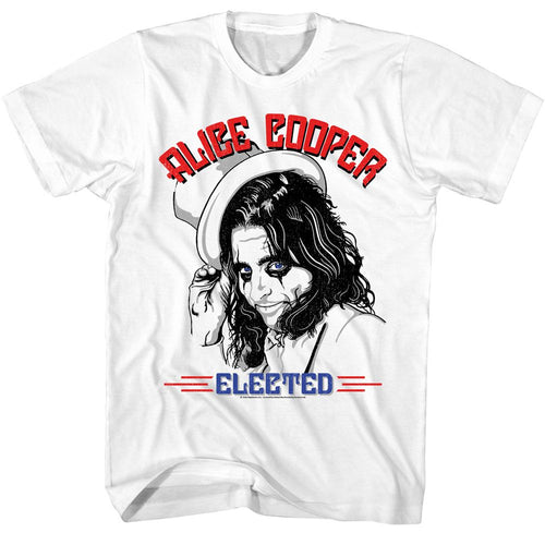 White Alice Cooper t-shirt featuring Alice Cooper Elected 1972 political satire design