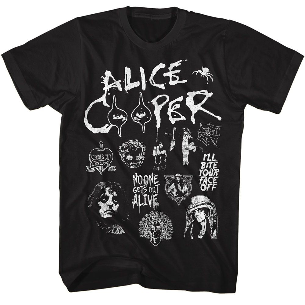 Black Alice Cooper t-shirt featuring Alice Cooper collage multi-image design