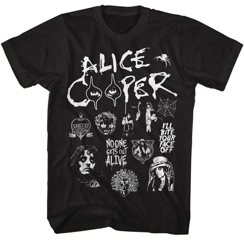 Black Alice Cooper t-shirt featuring Alice Cooper collage multi-image design